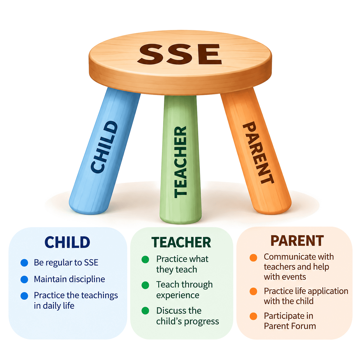 A three-legged stool with SSE on the seat and the legs labeled child, teacher and parent. Child: be regular to SSE, maintain discipline, practice the teachings in daily life. Teacher: practice what they teach, teach through experience, discuss the child's progress. Parent: communicate with teachers and help with events, practice life application with the child, participate in Parent Forum.