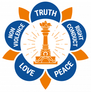 Lotus emblem of the Sri Sathya Sai International Organisation holding the five human values
